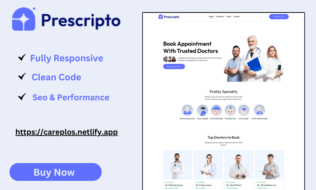 CarePlos Hospital Website Template Created in ReactJS.