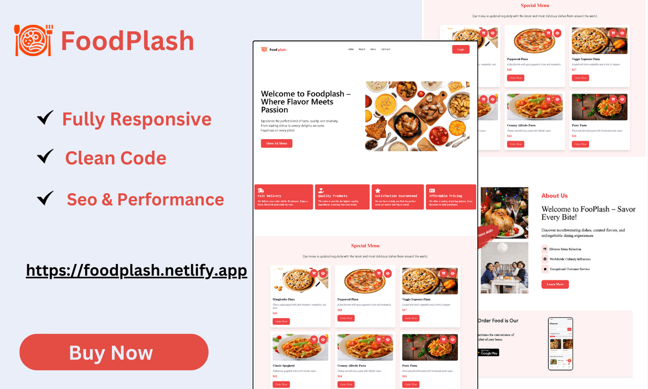 FoodPlash Restaurant Website Template created in ReactJS.
