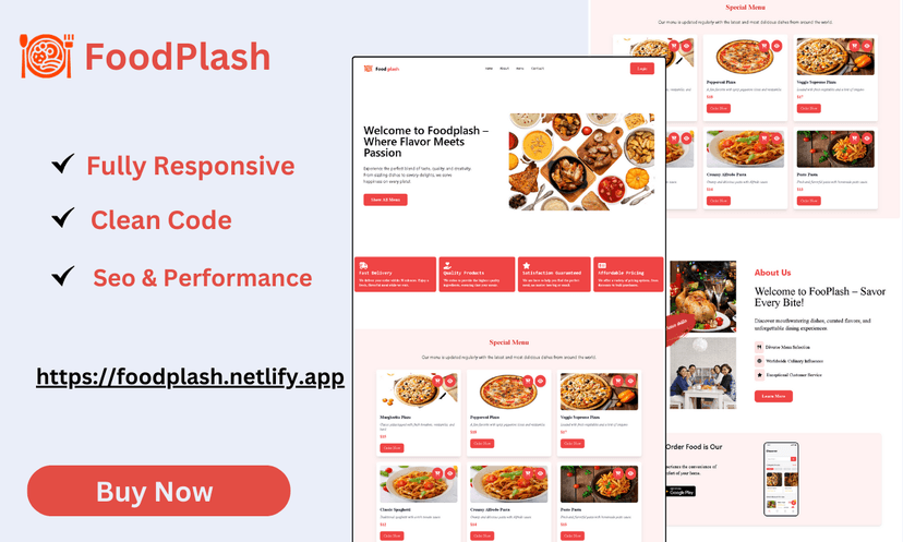FoodPlash Restaurant Website Template created in ReactJS.