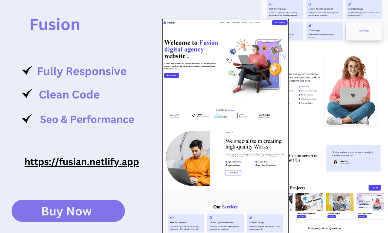 Fusion Digital Agency Website Template Created with React.js.