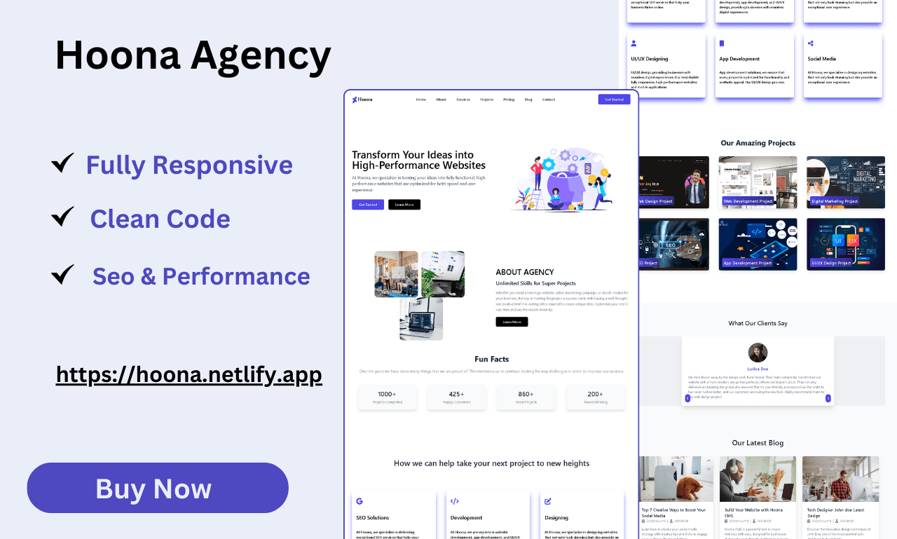 Hoona Agency Website Template Created With Reactjs.